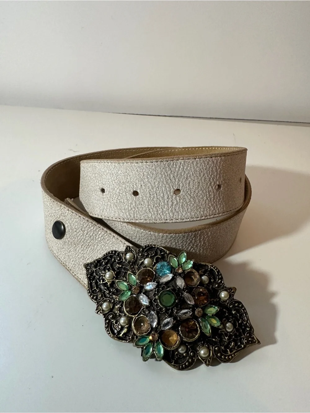Leatherock Champagne Leather Statement Belt Jeweled Floral Buckle Women's M